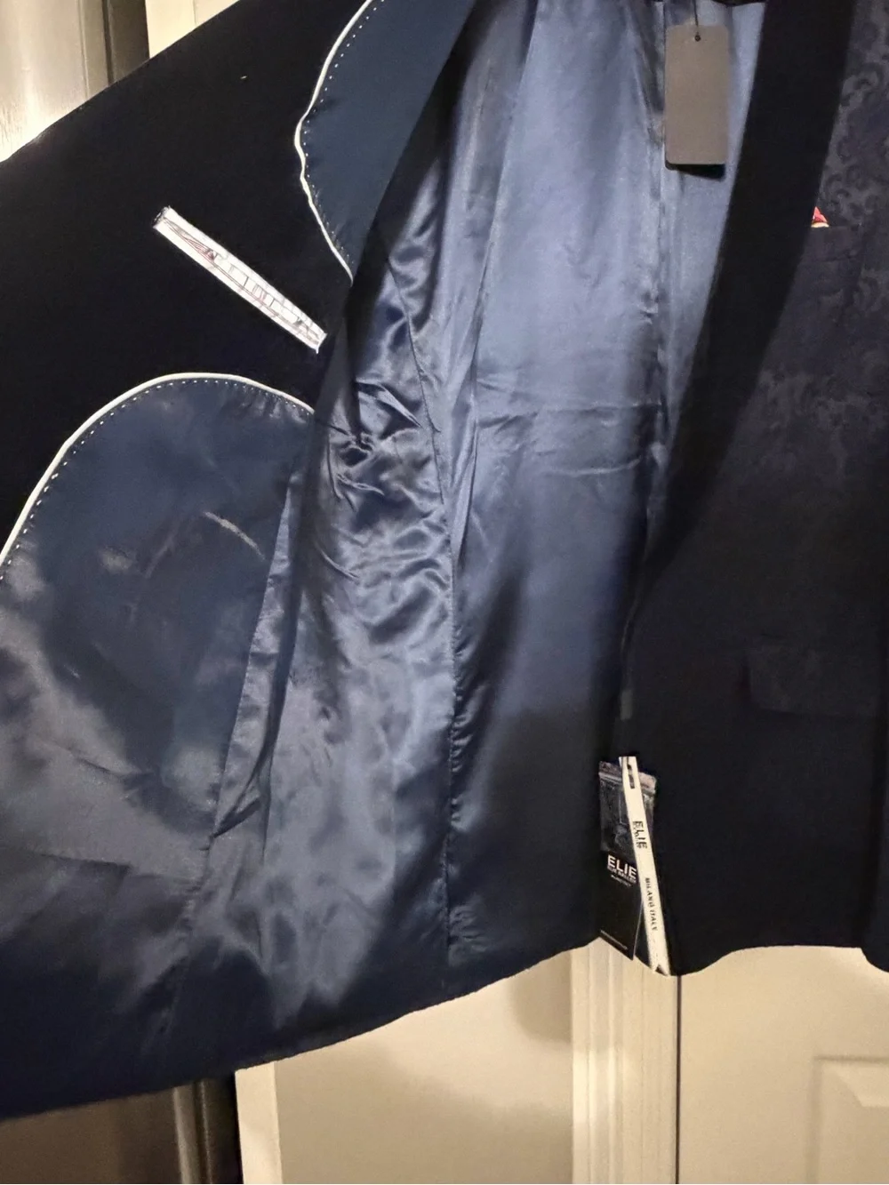 Elie Balleh Men's Navy Jacquard Blazer with Black Velvet Trim Sz M 38-40 NWT